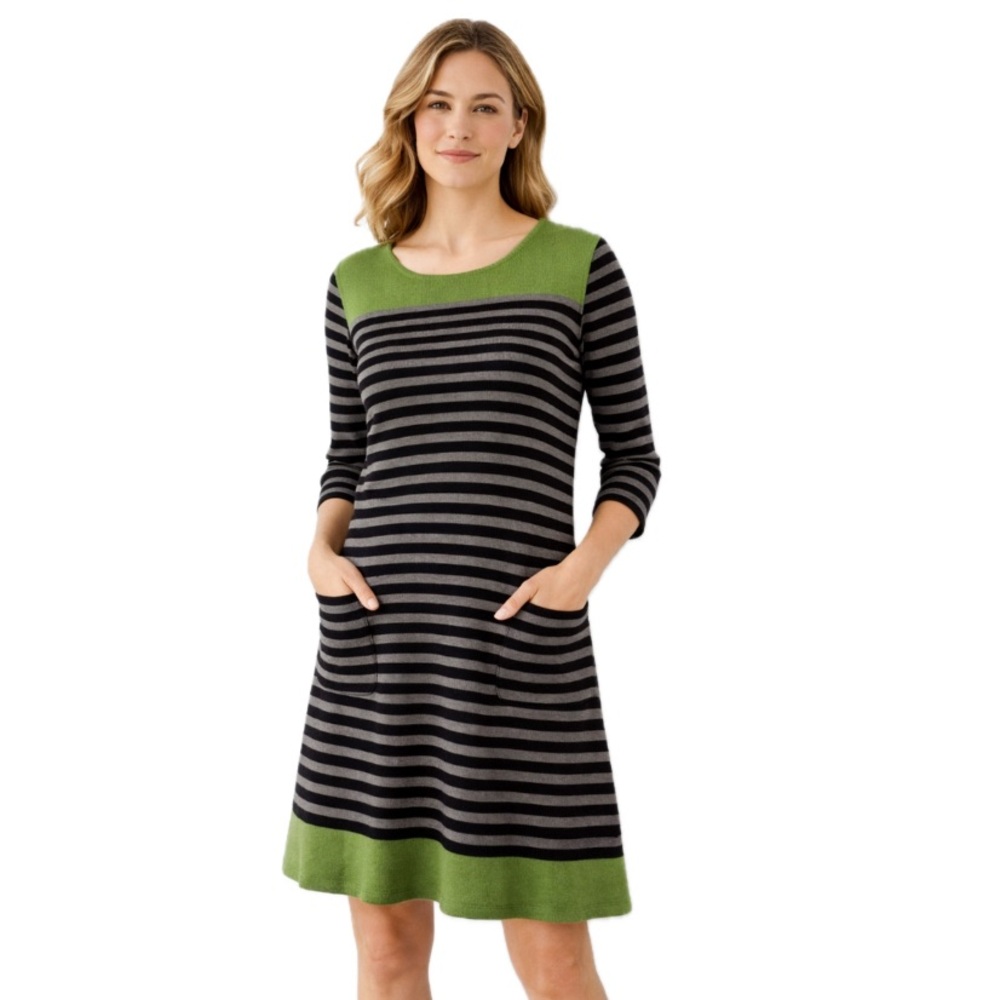 Jessica Howard, Knit Striped Black and Gray with Green Dress, Size PM